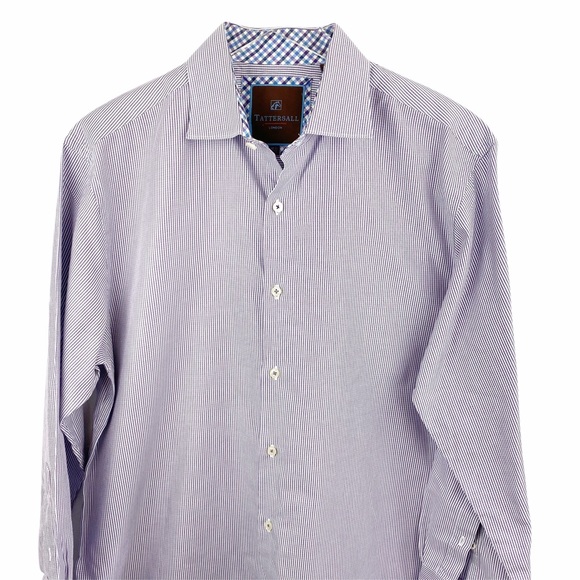 Tattersall London Purple Striped Button Down 16.5” - Picture 4 of 4